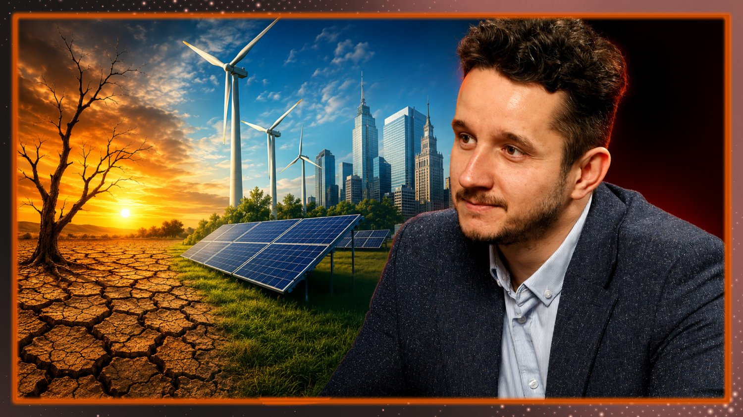 Nasze dzieci będą do siebie strzelać, by zdobyć wodę? Jakub Wiech o zmianach klimatu Jakub Wiech, w tle grafika symbolizująca zmiany klimatyczne