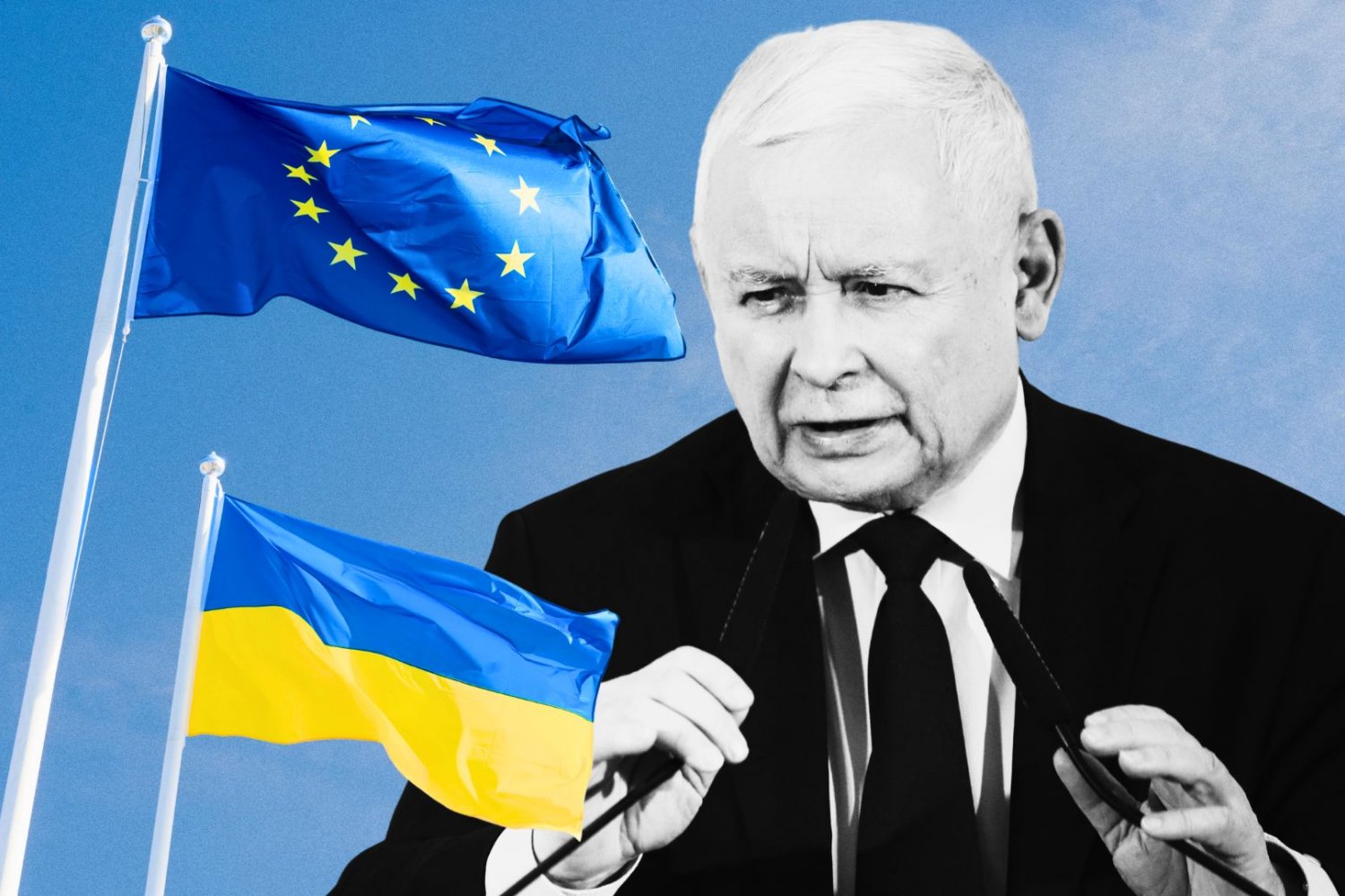 Jarosław Kaczyński, flagi UE i Ukrainy