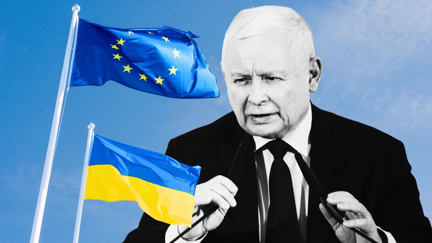 Jarosław Kaczyński, flagi UE i Ukrainy