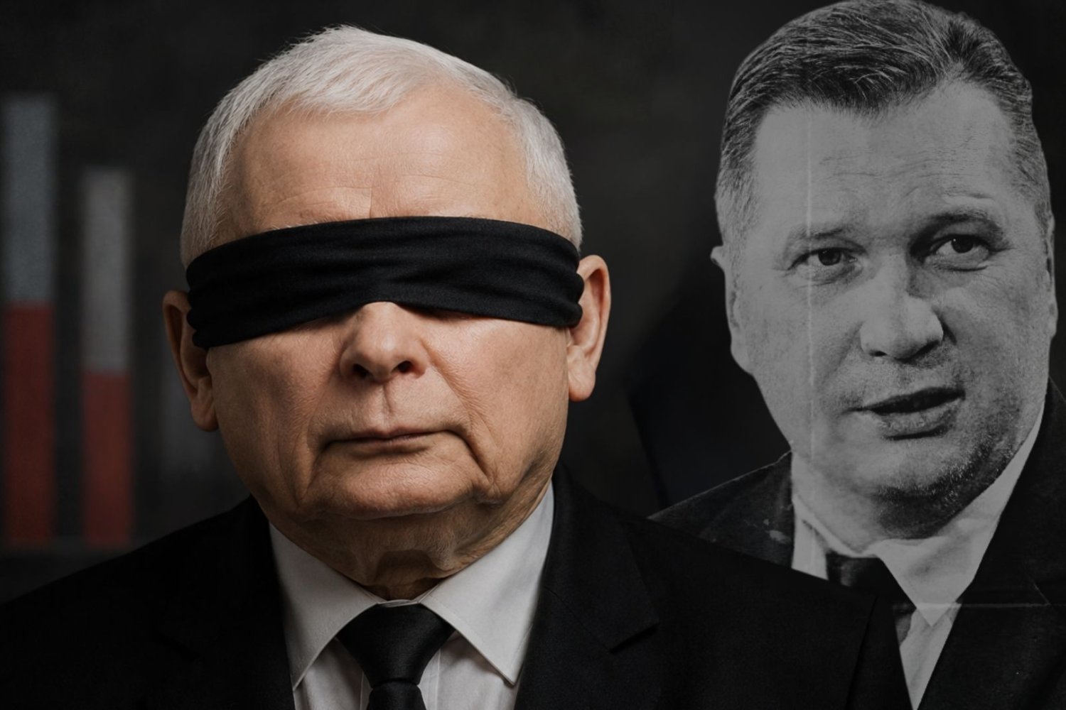 Jarosław Kaczyński z oczami zasłoniętymi opaską. W tle słupki sondażowe i Przemysław Czarnek Jarosław Kaczyński w opasce na oczy, w tle Przemysław Czarnek