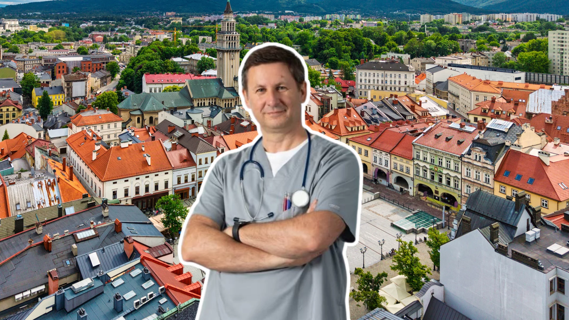 Klaudiusz Komor, w tle Bielsko-Biała