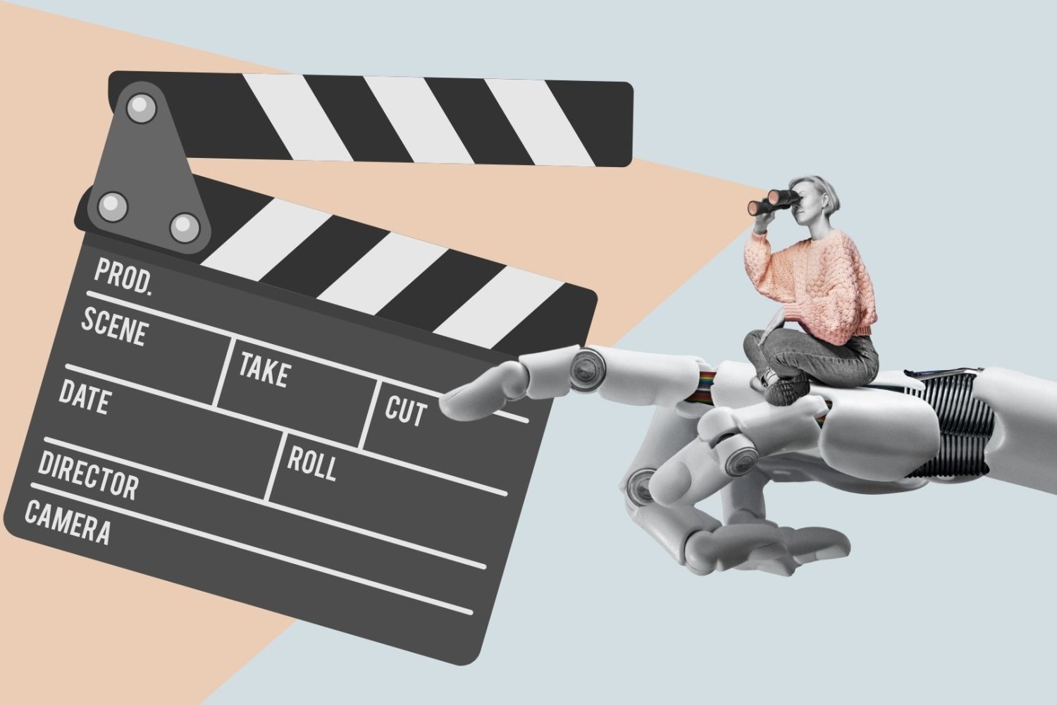 kobieta na dłoni robota wskazującej klaps zdjęciowy