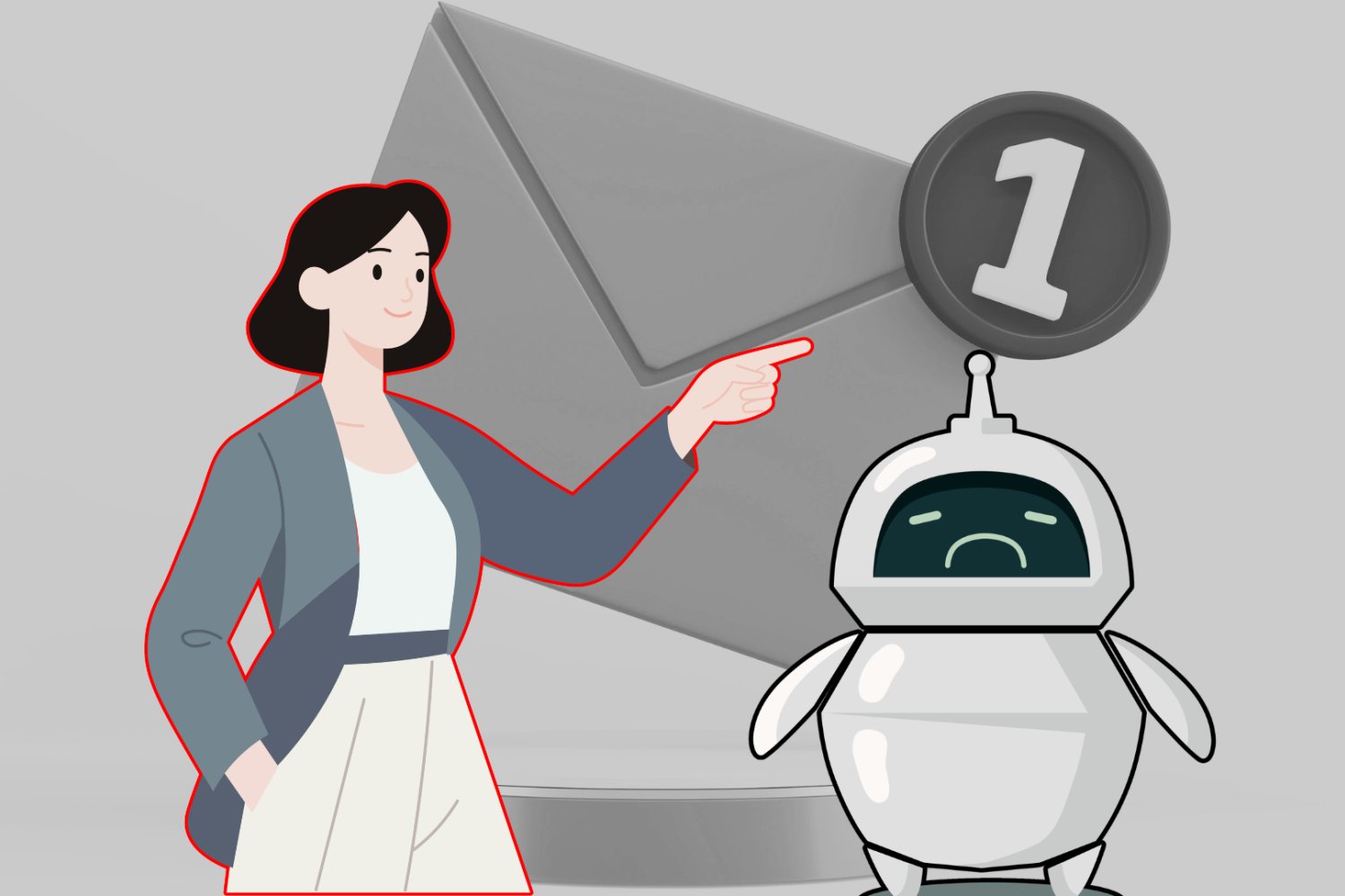 Dlaczego zlecasz pisanie maili do AI? Odpowiedź może nie przypaść ci do gustu kobieta wskazująca na robota, smutny robot, w tle list i napis "1"