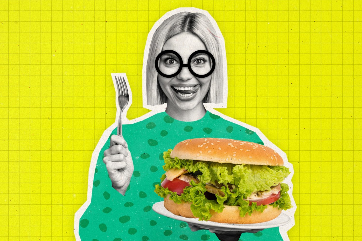 Jedno zdjęcie jedzenia i zaczyna się dziać w głowie. Kluczowa zależność odkryta Kolorowa ilustracja: uśmiechnięta kobieta w okularach trzymająca dużego hamburgera i widelec na tle żółto-zielonym w grochy