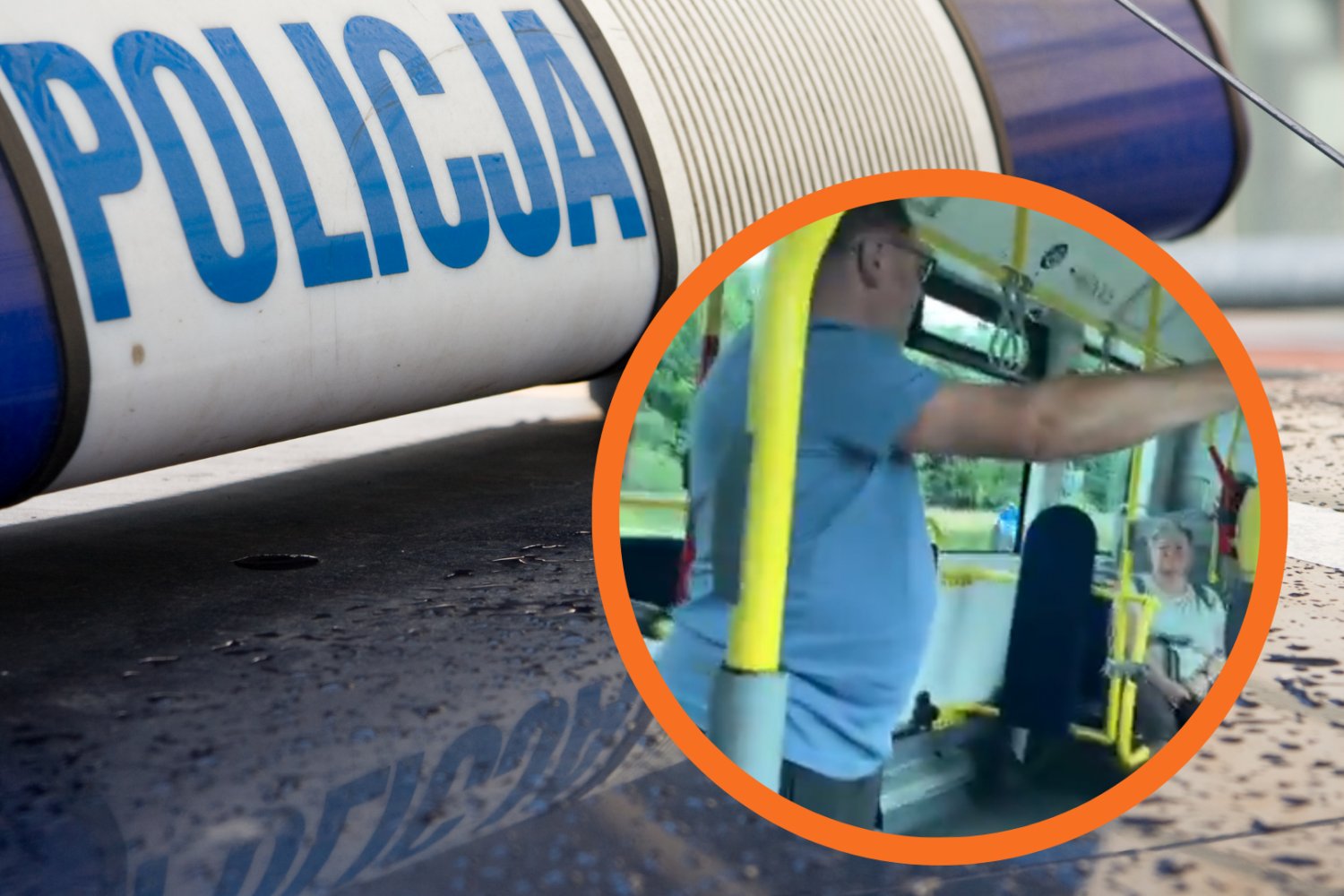 Logo policji, w ramce: mężczyzna odpowiedzialny za atak na dzieci w autobusie.