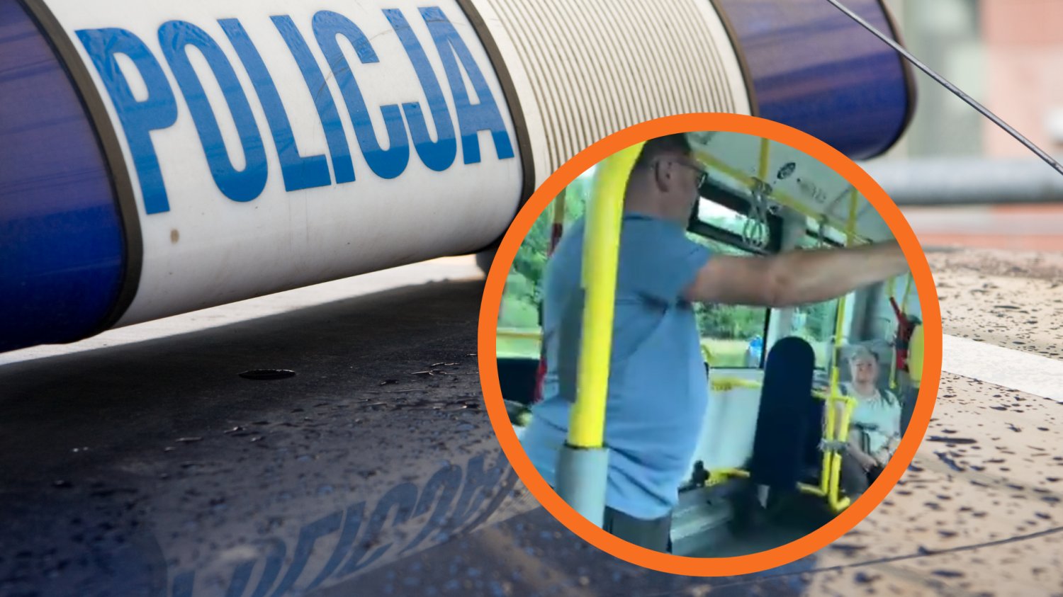 Logo policji, w ramce: mężczyzna odpowiedzialny za atak na dzieci w autobusie.