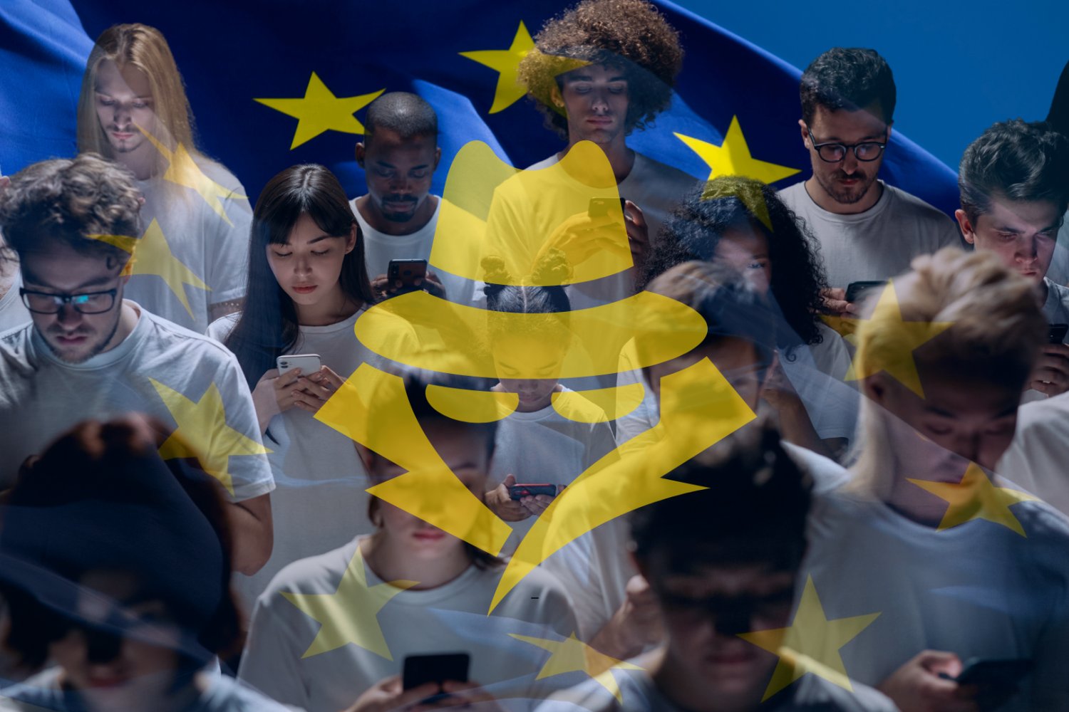 Chat Control to najgłupszy wymysł. A PE właśnie zgodził się na inwigilację całej Europy Ludzie z telefonami, w tle: flaga UE, ikonka w kształcie szpiega.