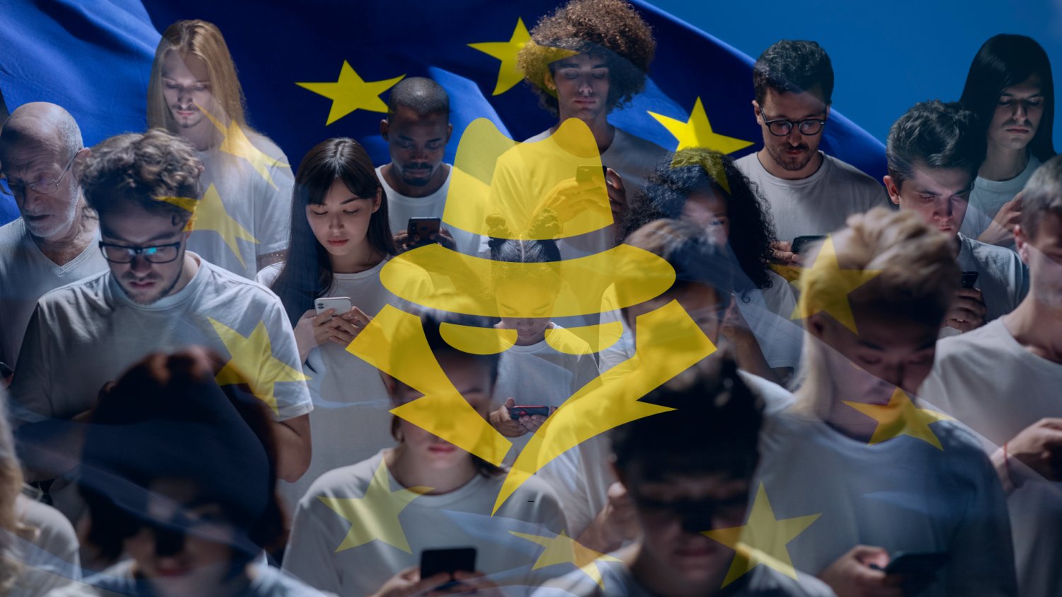 Ludzie z telefonami, w tle: flaga UE, ikonka w kształcie szpiega.