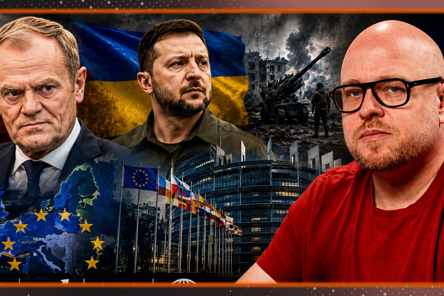 Łukasz Jasina, w tle Donald Tusk i Wołodymyr Zełeński