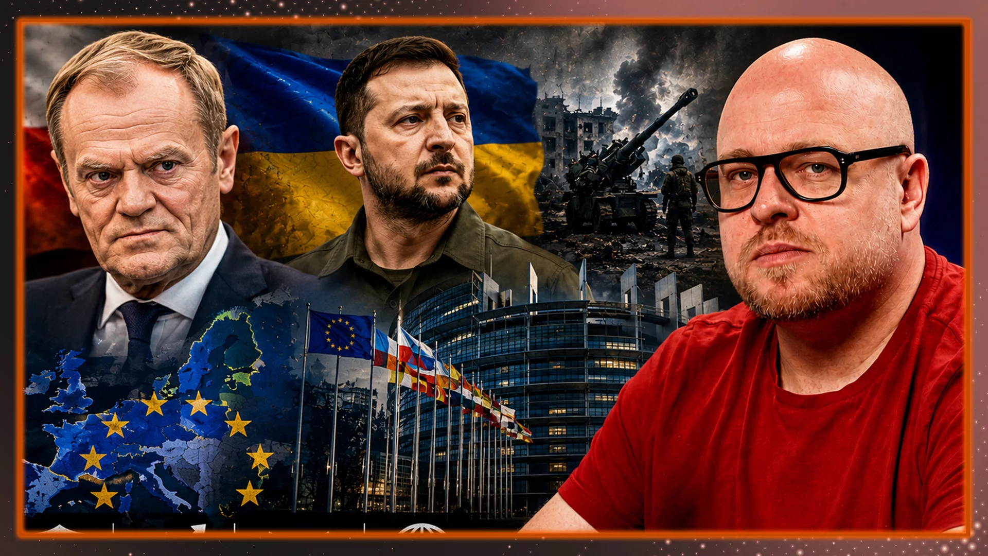 Łukasz Jasina, w tle Donald Tusk i Wołodymyr Zełeński Łukasz Jasina, w tle Donald Tusk i Wołodymyr Zełeński