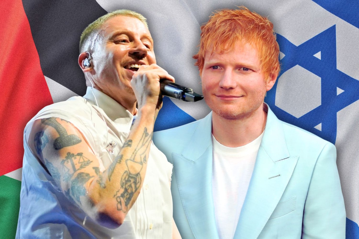 Ed Sheeran i Macklemore: drama o "free Palestine" Macklemore i Ed Sheeran na tle flagi Palestyny i Izraela