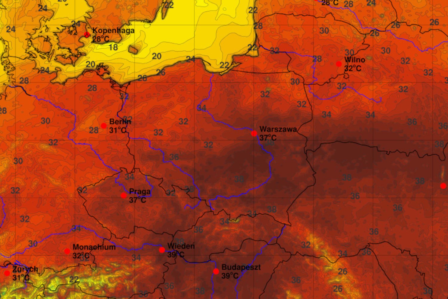 Mapa pogodowa IMGW z upałem w Polsce