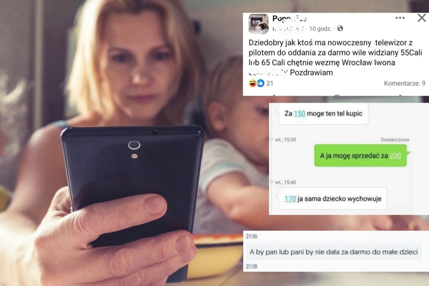 Matka z dziećmi sprawdza telefon, obok screeny z grupy "Dej, mam horom curkę" na Facebooku