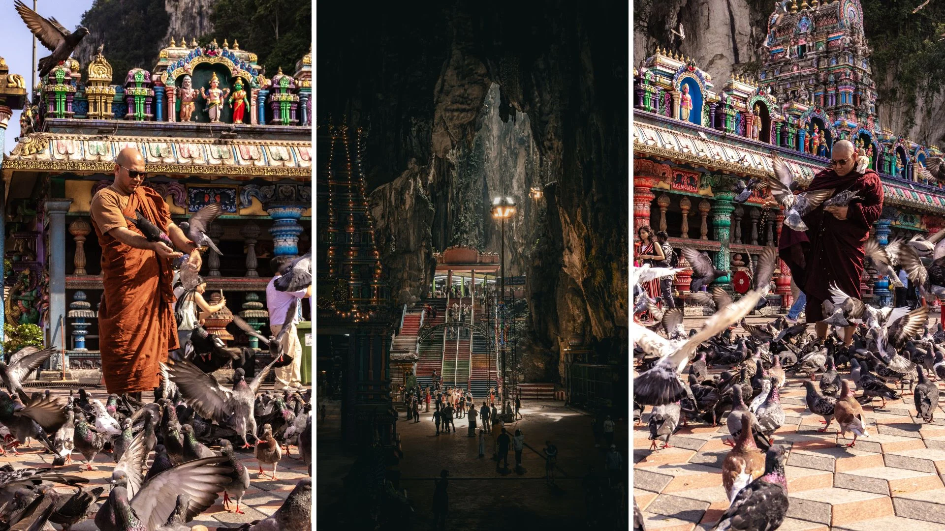 Mnisi i wnętrze świątyni Batu Caves Ujęcia z Batu Caves