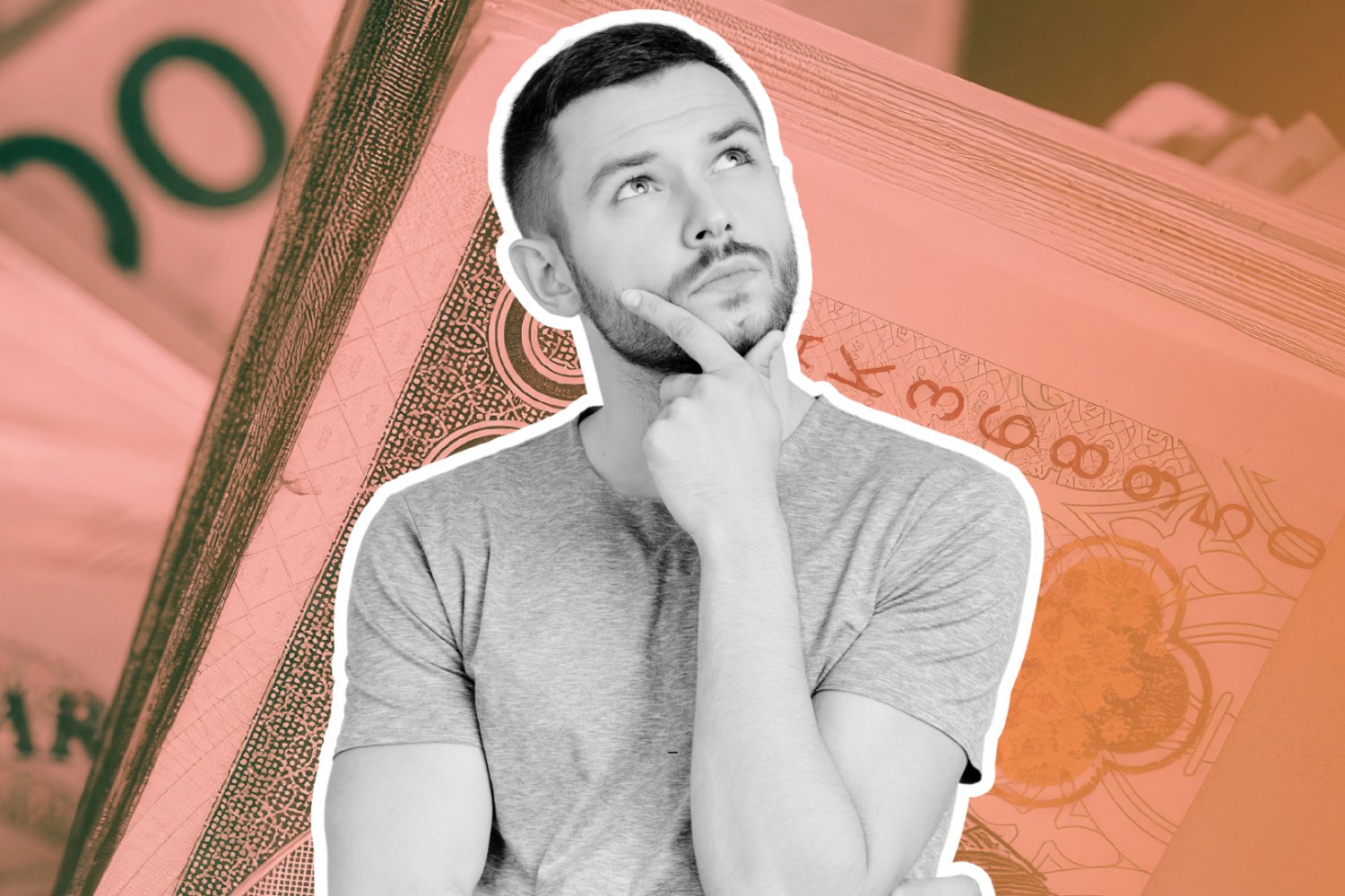 Mężczyzna zastanawiający się na tle banknotów 100-złotowych.