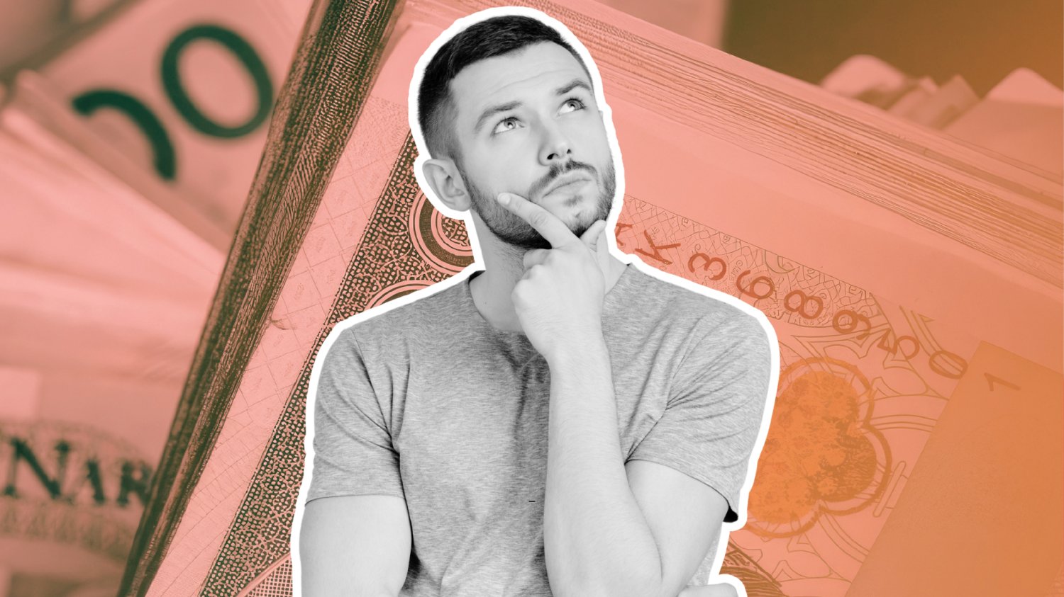 Mężczyzna zastanawiający się na tle banknotów 100-złotowych.