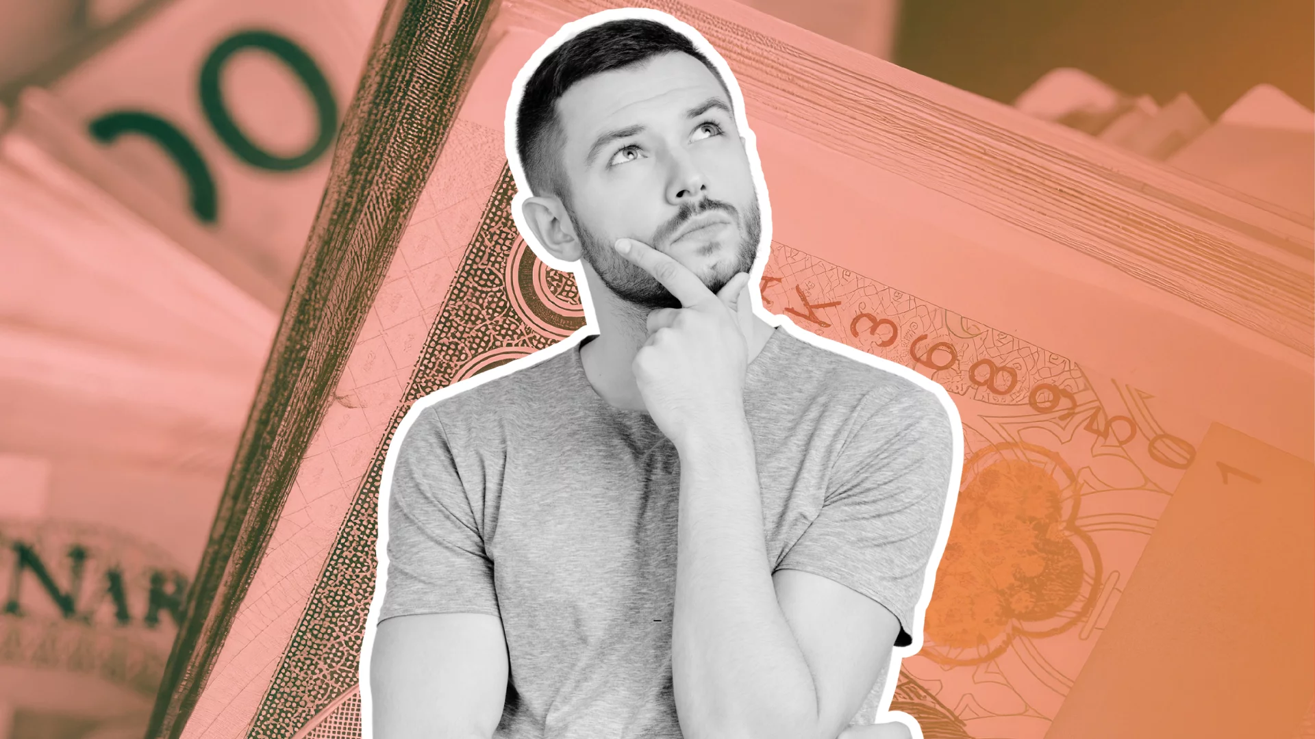 Mężczyzna zastanawiający się na tle banknotów 100-złotowych.