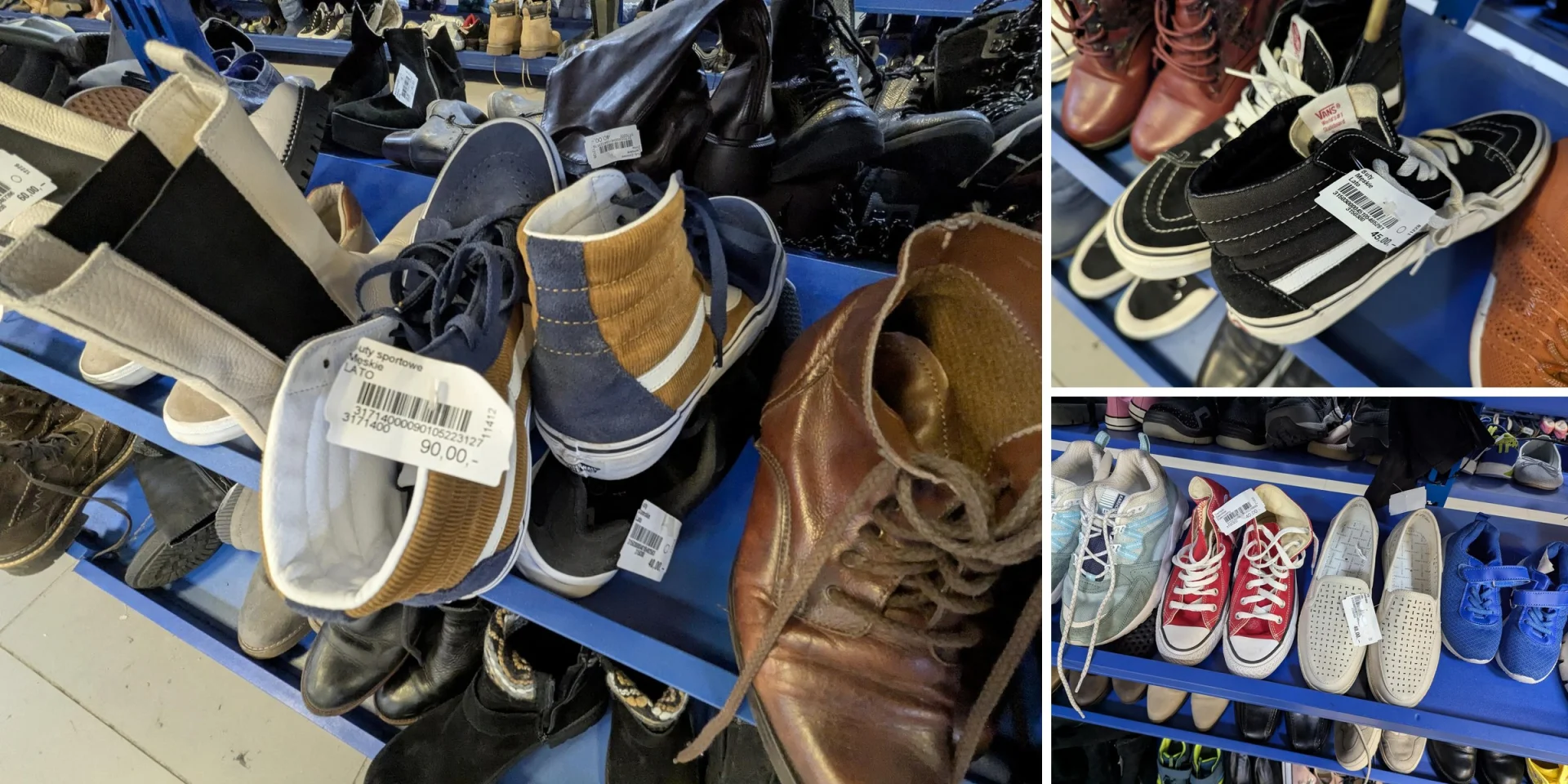 Używane trampki Vans ze sztruksu i czarne Vansy oraz czerwone trampki Converse z metkami z cenami 90, 45 i 40 zł w Vive Profit