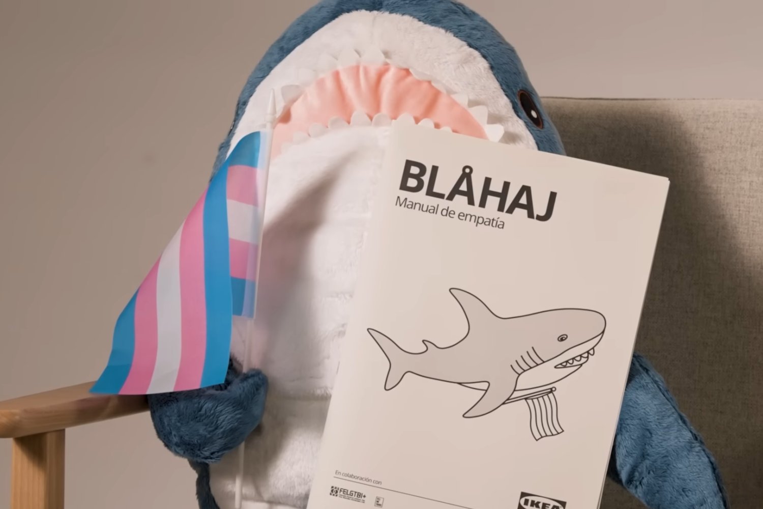 Niebieski pluszowy rekin z flagą trans i instrukcją