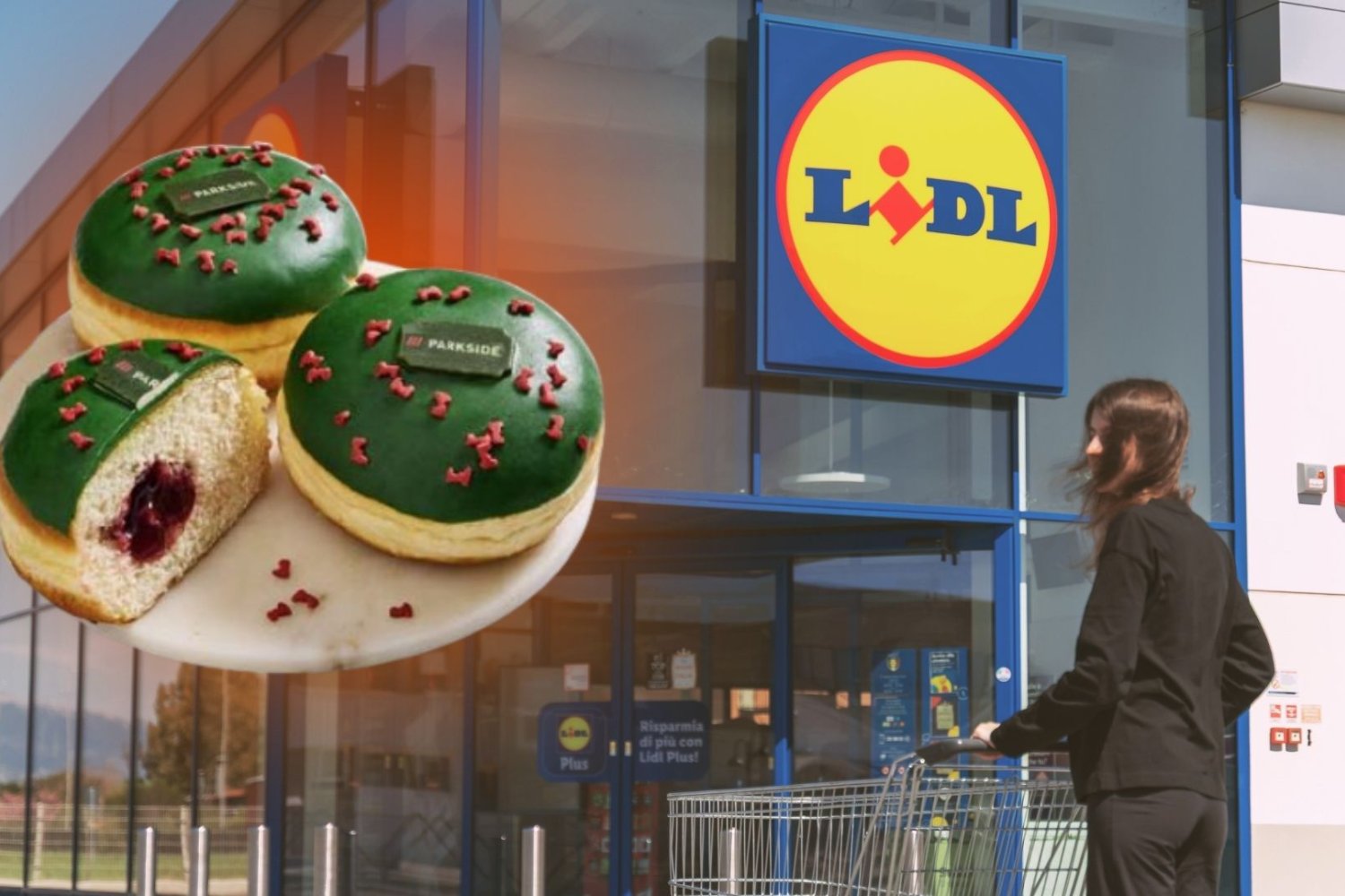 Parkside ma już 30 lat. Pączek i promocje w Lidlu na narzędzia Pączek Parkside, a w tle sklep Lidl i kobieta z koszykiem zakupowym