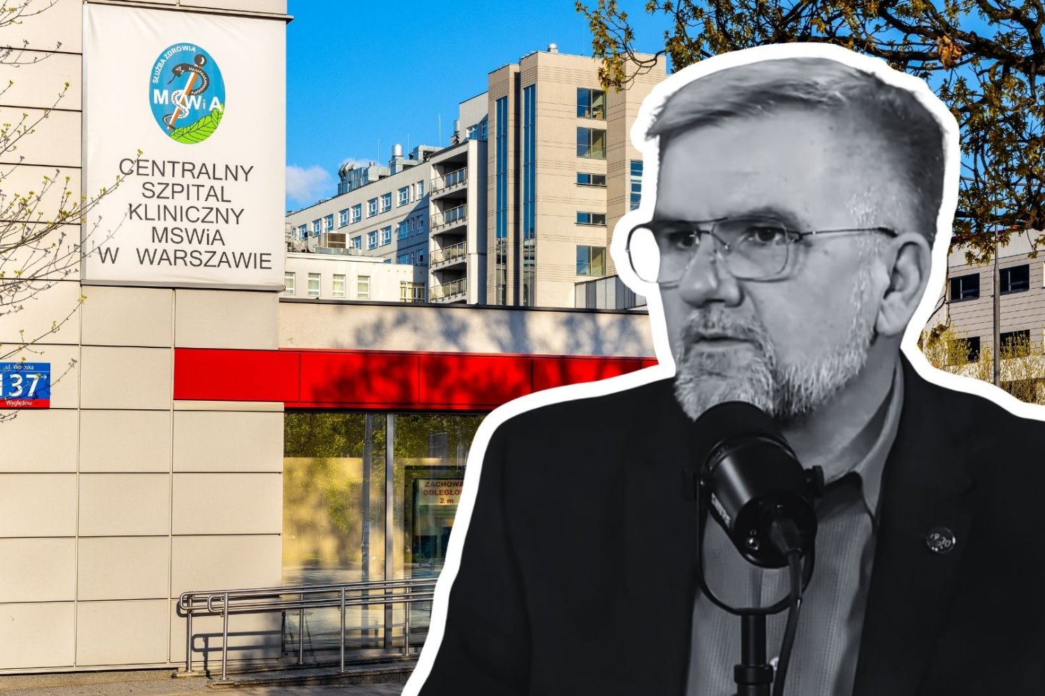 Paweł Płuska z TVP, w tle szpital MSWiA