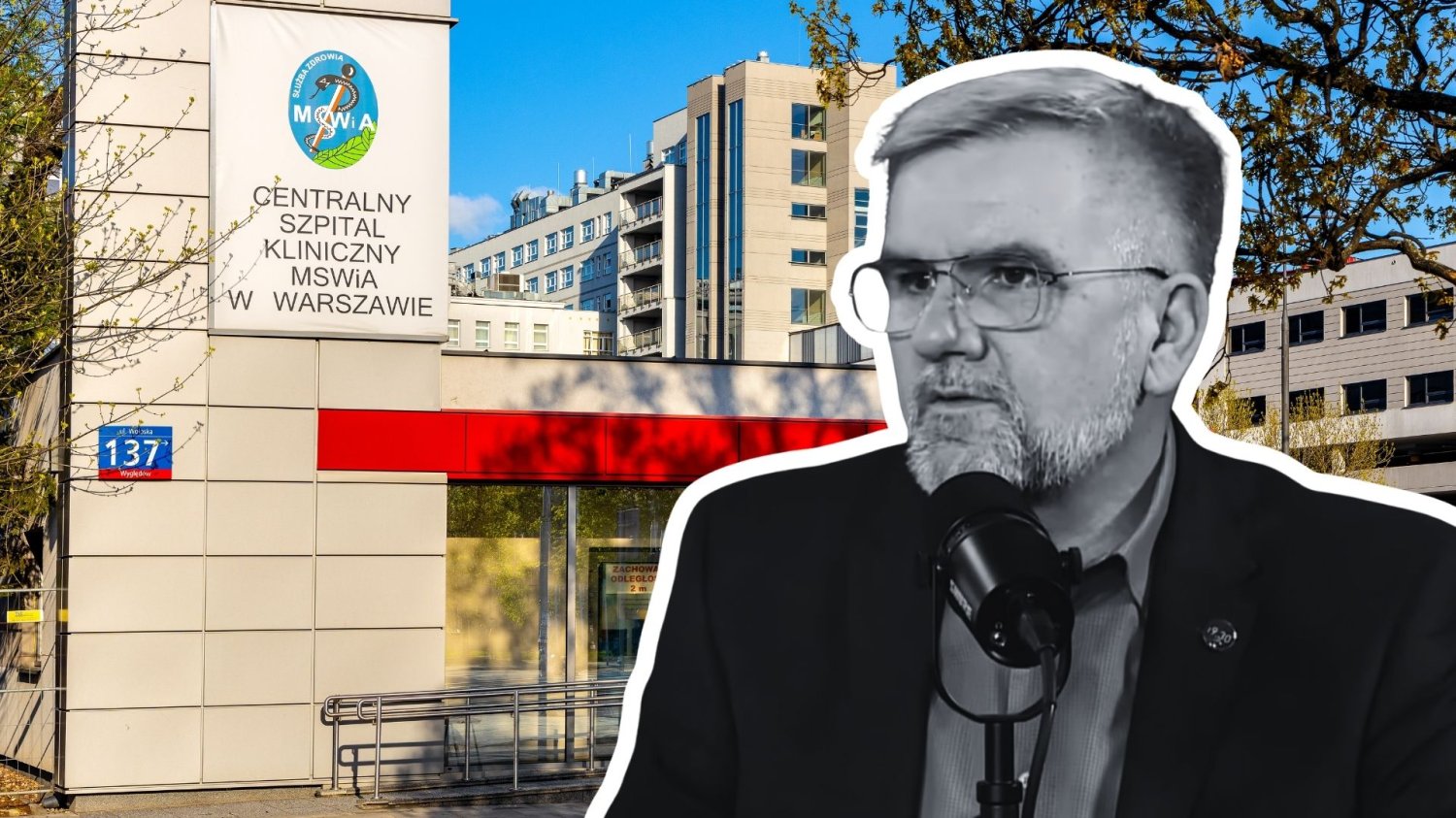 Paweł Płuska z TVP, w tle szpital MSWiA Paweł Płuska z TVP, w tle szpital MSWiA