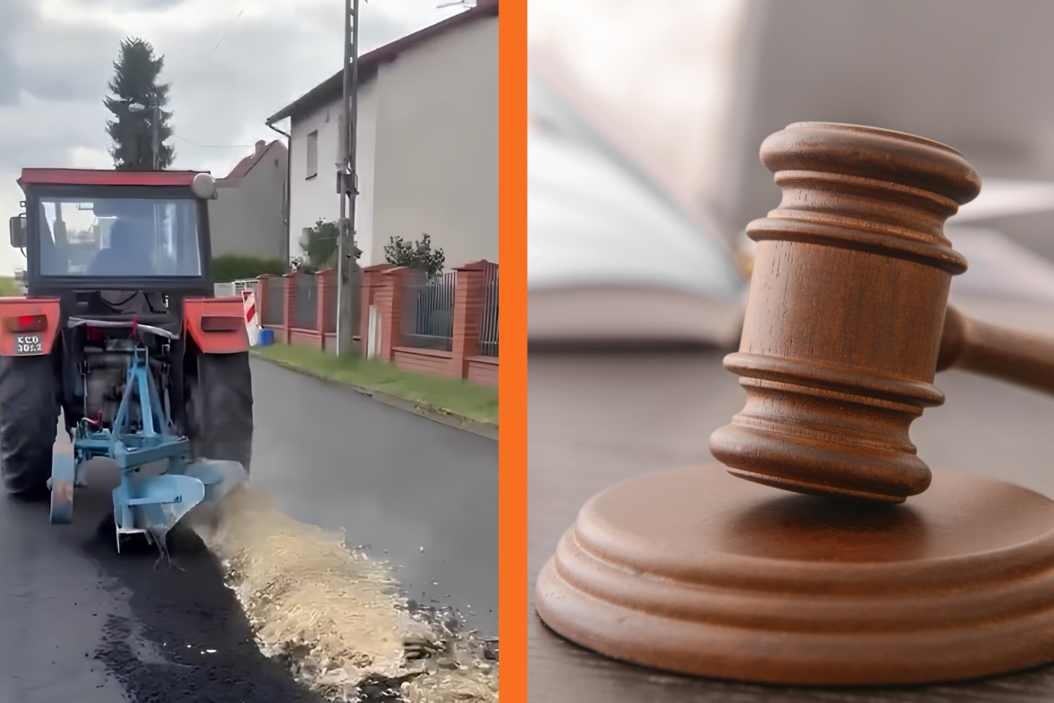 Areszt dla rolnika narusza prawa człowieka? Traktorzysta z Gliwic uzyskał potężne wsparcie Po lewej: traktor rolnika, który zaorał asfalt, po lewej: młotek sędziowski