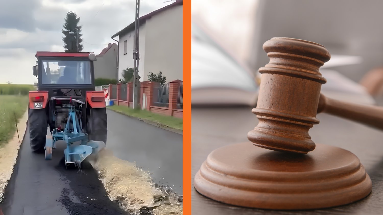 Po lewej: traktor rolnika, który zaorał asfalt, po lewej: młotek sędziowski