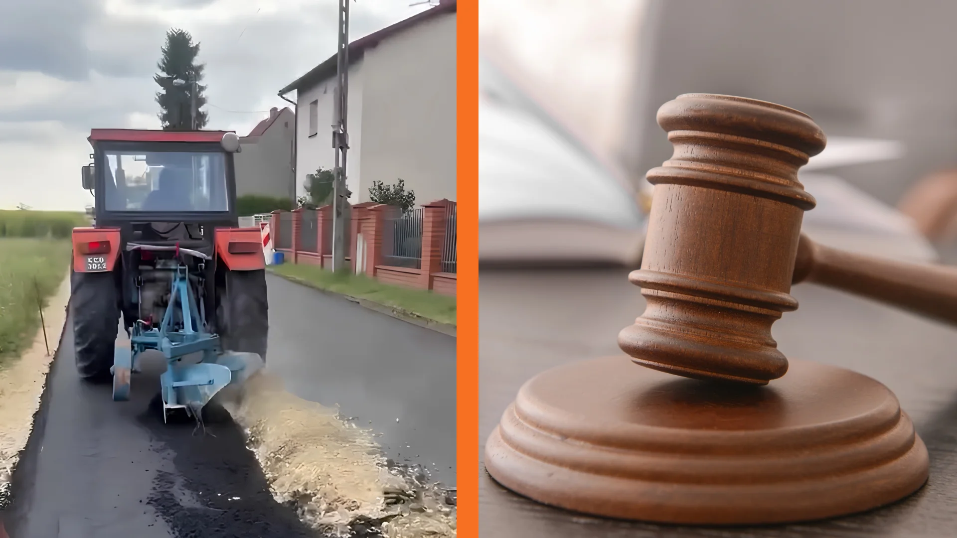 Areszt dla rolnika narusza prawa człowieka? Traktorzysta z Gliwic uzyskał potężne wsparcie Po lewej: traktor rolnika, który zaorał asfalt, po lewej: młotek sędziowski