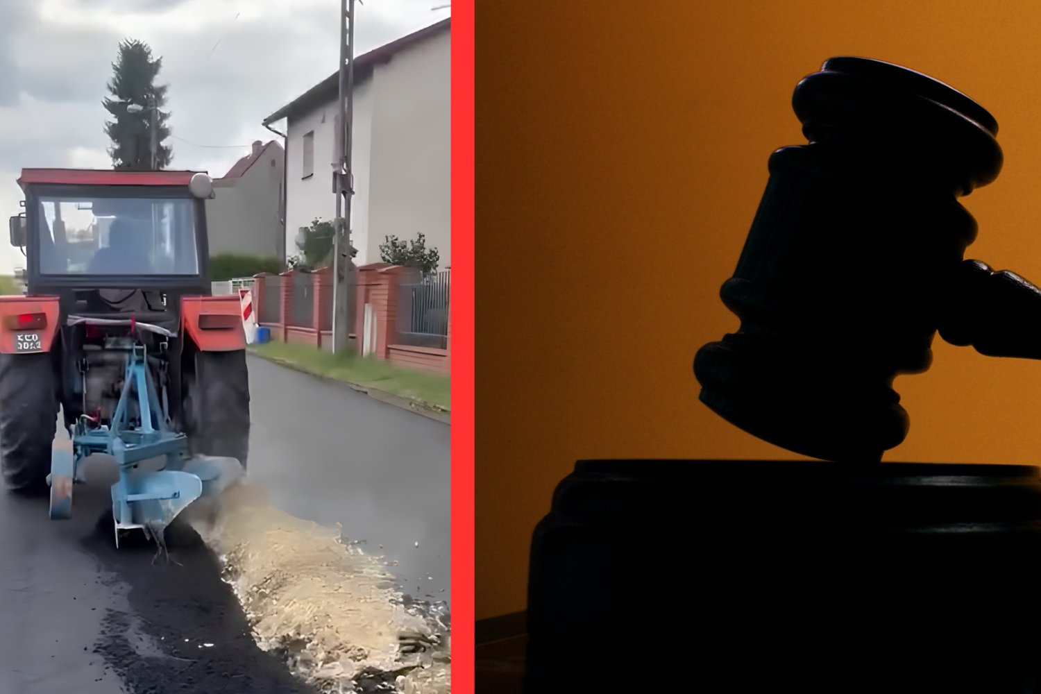 Po lewej - traktor rolnika, który zaorał drogę. Po prawej - młotek sędziowski.
