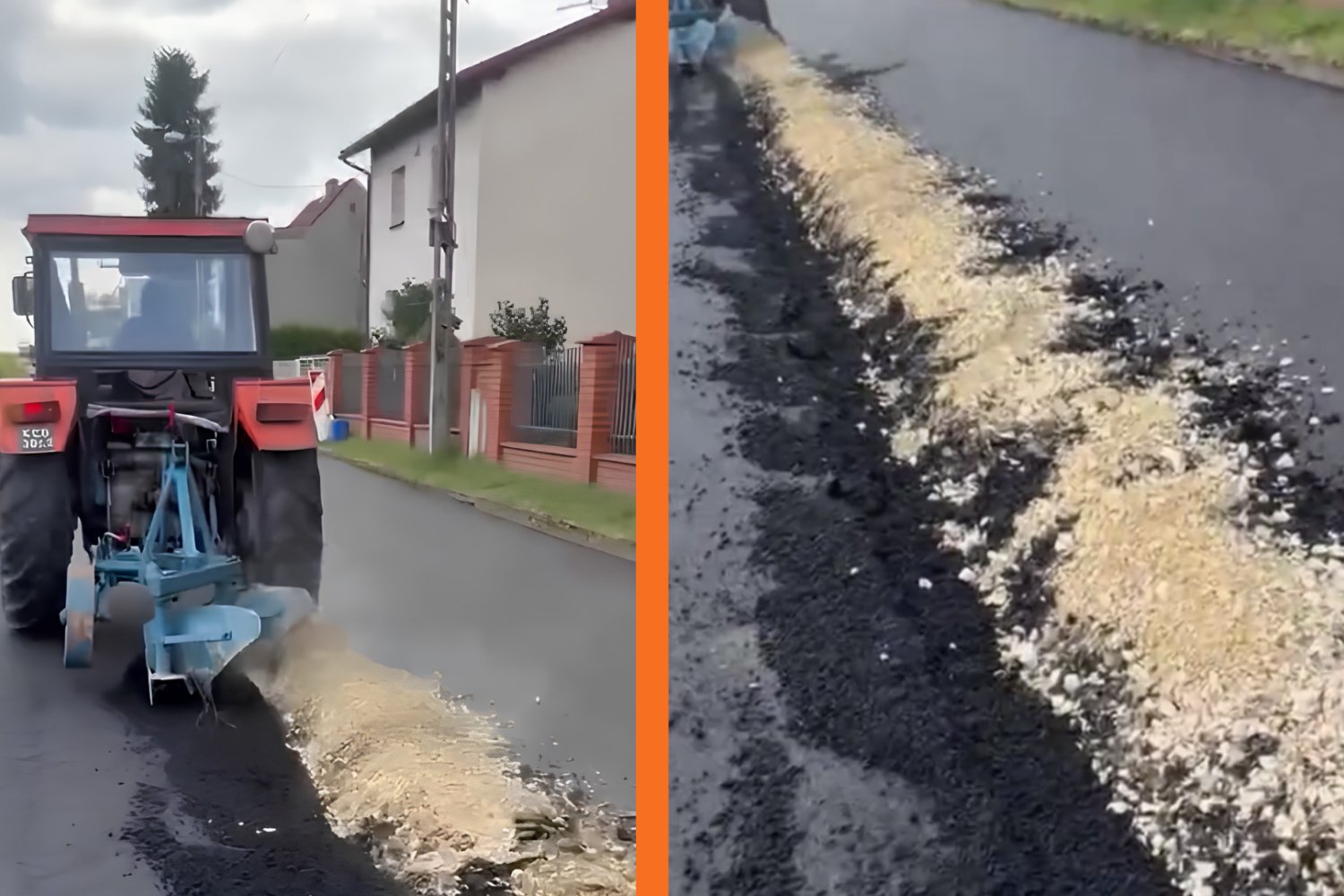 Gliwice liczą straty po rajdzie rolnika. Tymczasem sieć wrze od "afery słupkowej" Po lewej - traktor Ursus, którym kieruje rolnik, po prawej - zaorana droga w Gliwicach.
