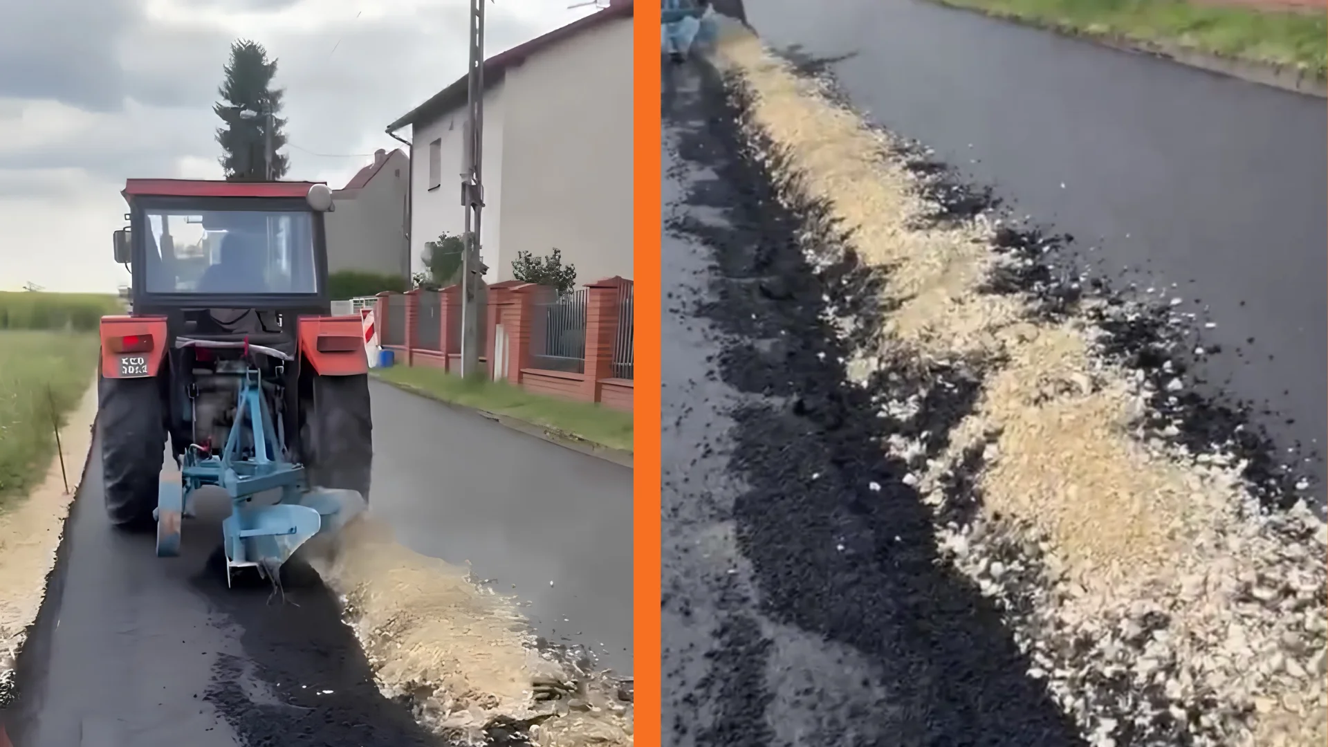 Po lewej - traktor Ursus, którym kieruje rolnik, po prawej - zaorana droga w Gliwicach.