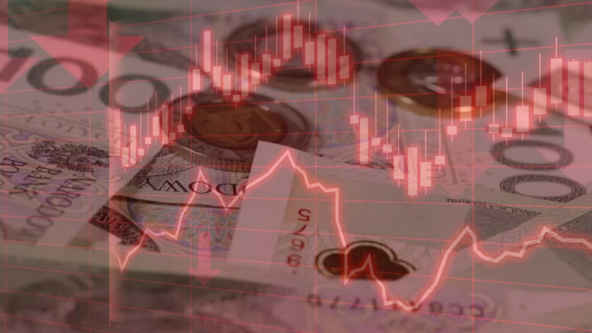 Polskie banknoty i monety na tle wykresu z czerwonymi słupkami, ilustracja do tekstu o osłabieniu złotego