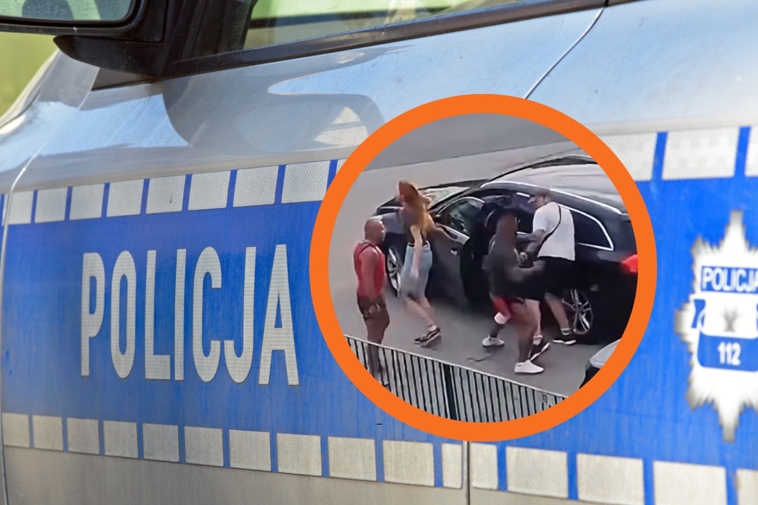 radiowóz policyjny, w ramce scena ze zdarzenia