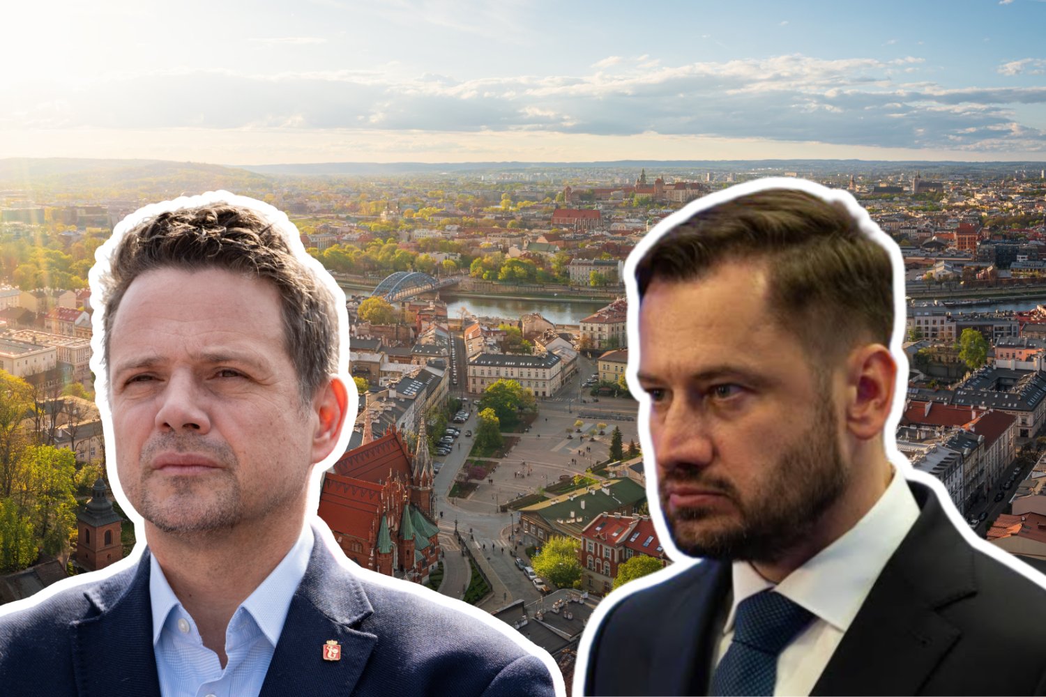 Rafał Trzaskowski, Aleksander Miszalski, w tle panorama Krakowa.