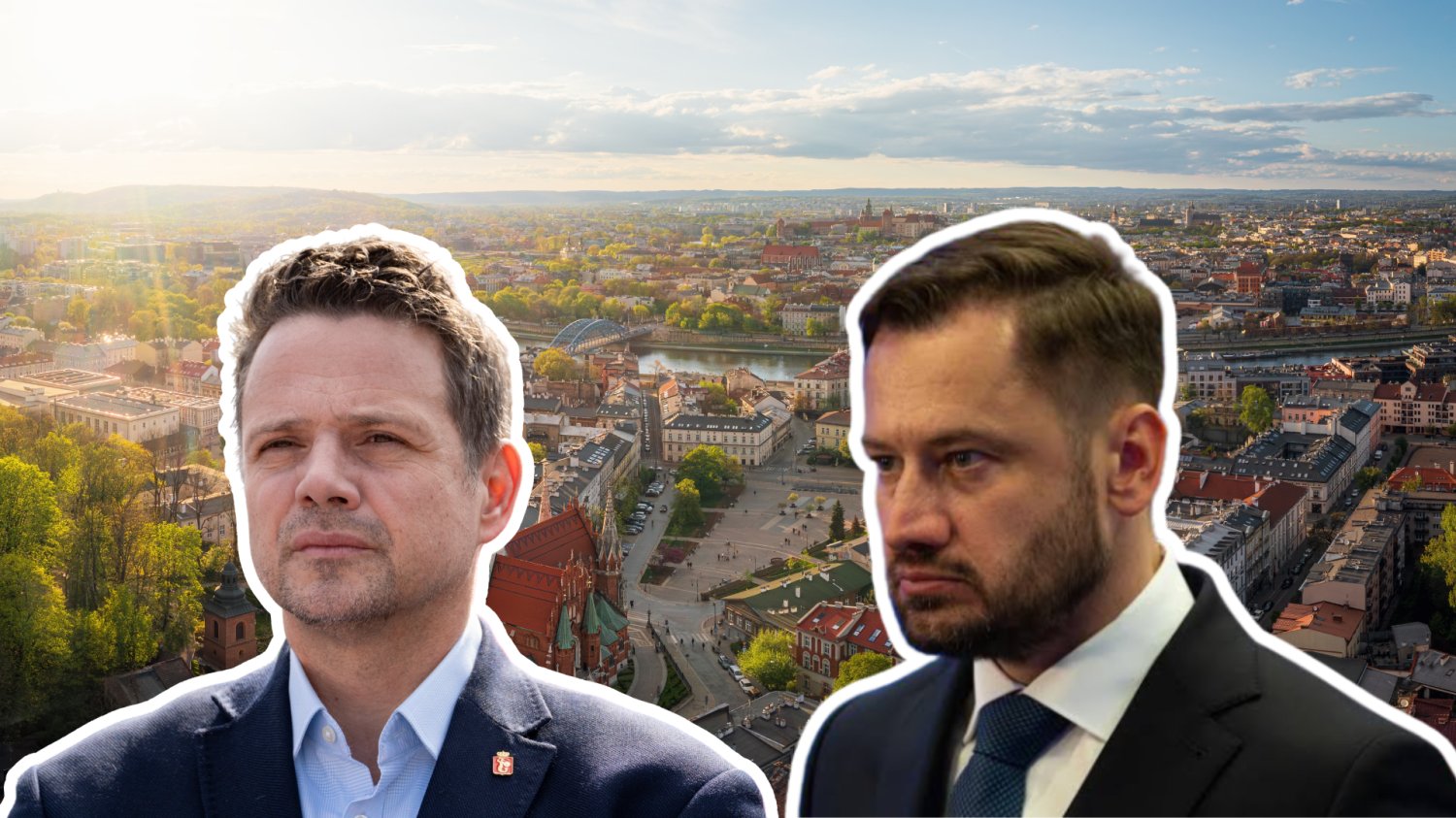 Rafał Trzaskowski, Aleksander Miszalski, w tle panorama Krakowa.
