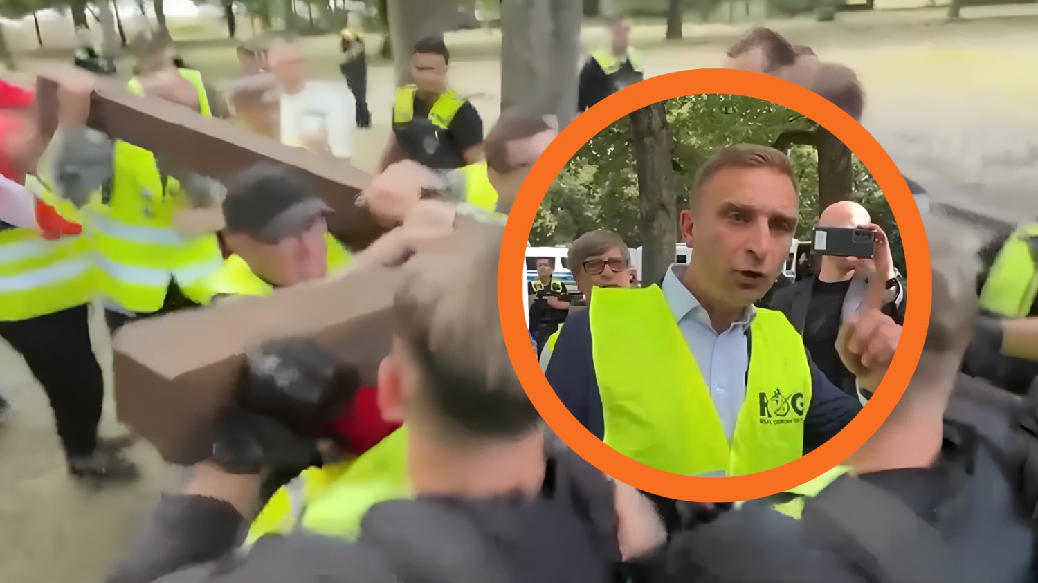 W ramce: Robert Bąkiewicz, w tle: starcie ROG z policją.