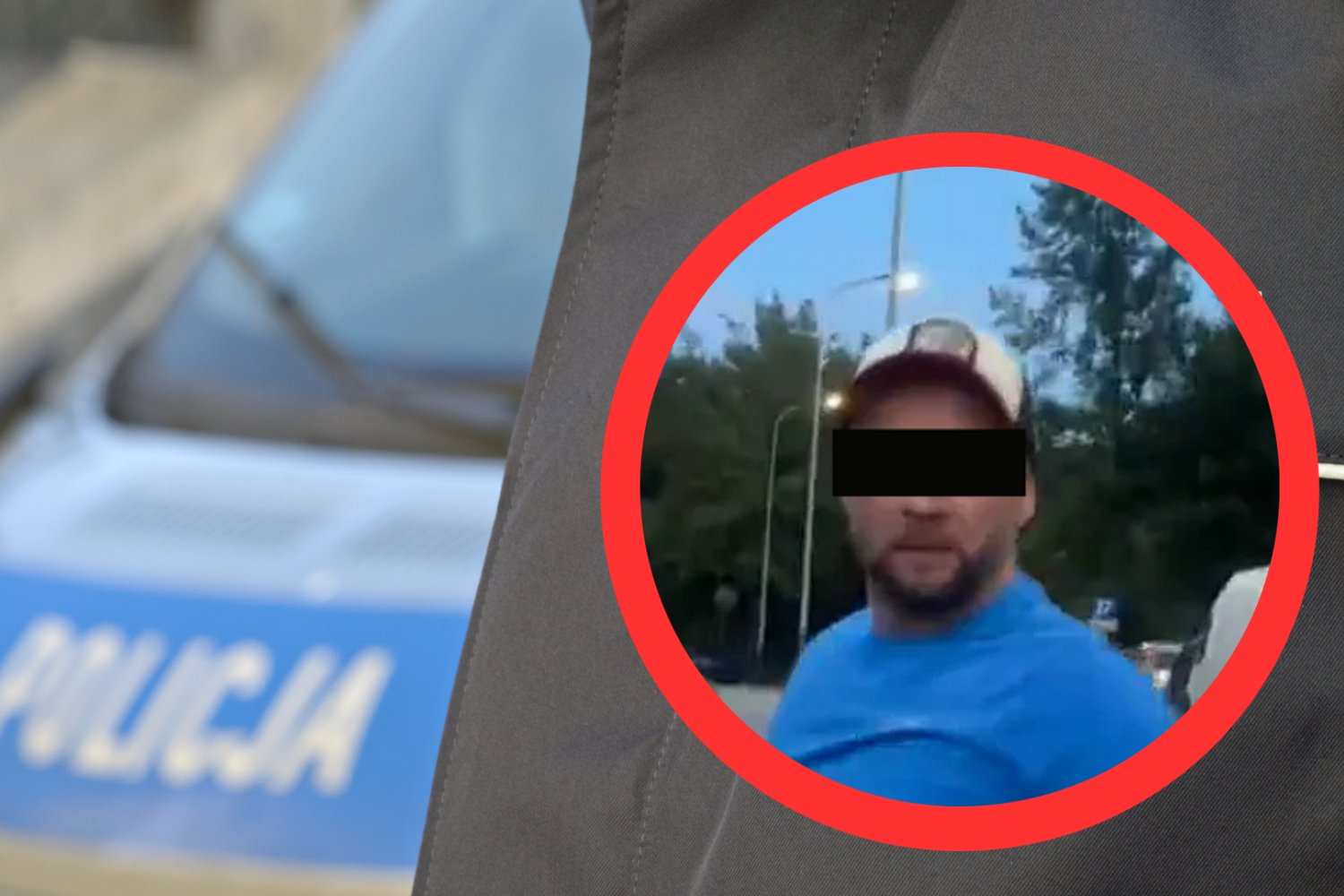Samochód policyjny w tle, w ramce: mężczyzna, który zaatakował kobietę w Krakowie.