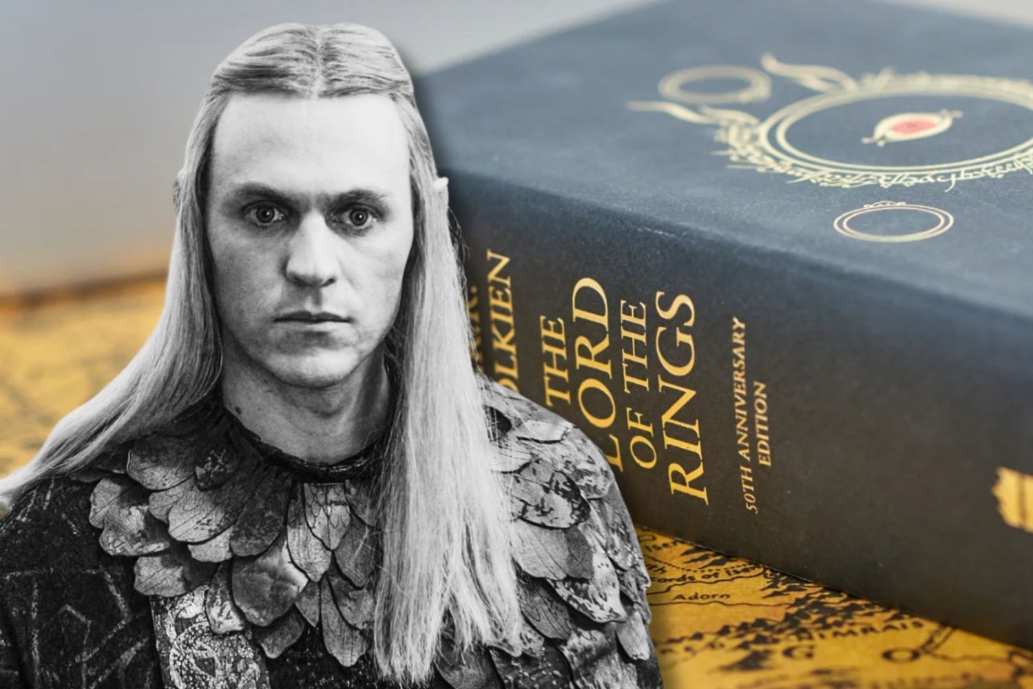 Nazgule w Pierścieni Władzy Sauron z Pierścieni Władzy na tle książki Tolkiena