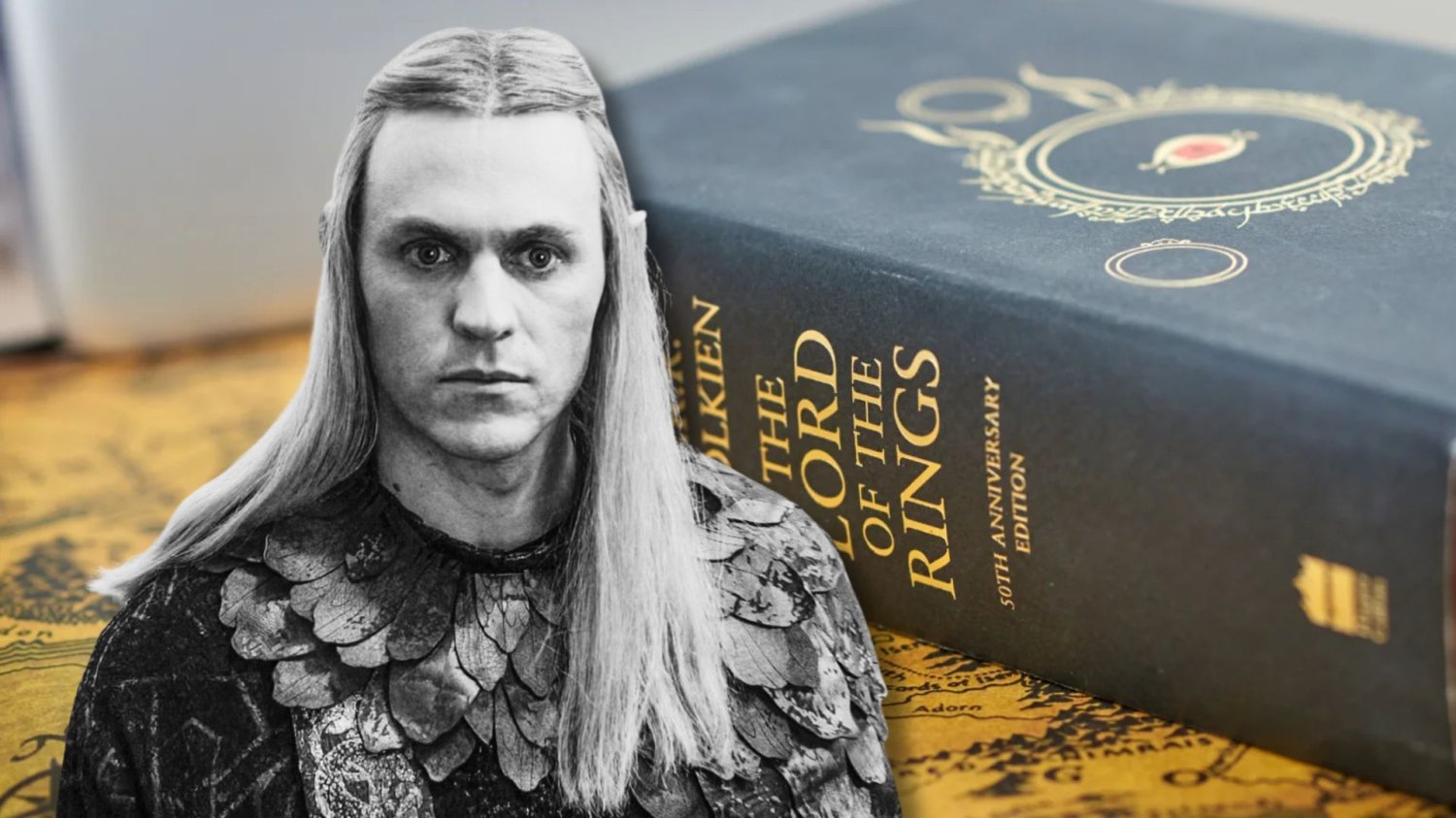 Nazgule w Pierścieni Władzy Sauron z Pierścieni Władzy na tle książki Tolkiena