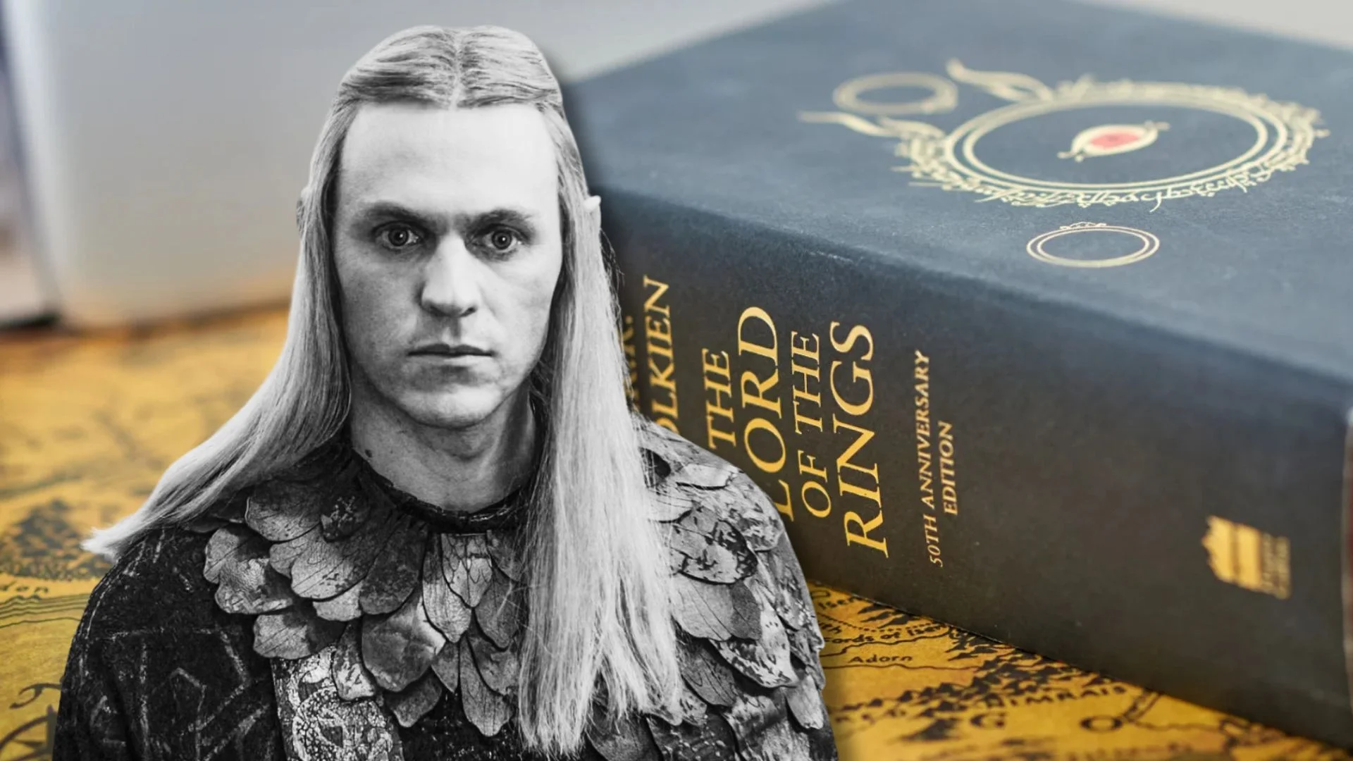 Nazgule w Pierścieni Władzy Sauron z Pierścieni Władzy na tle książki Tolkiena
