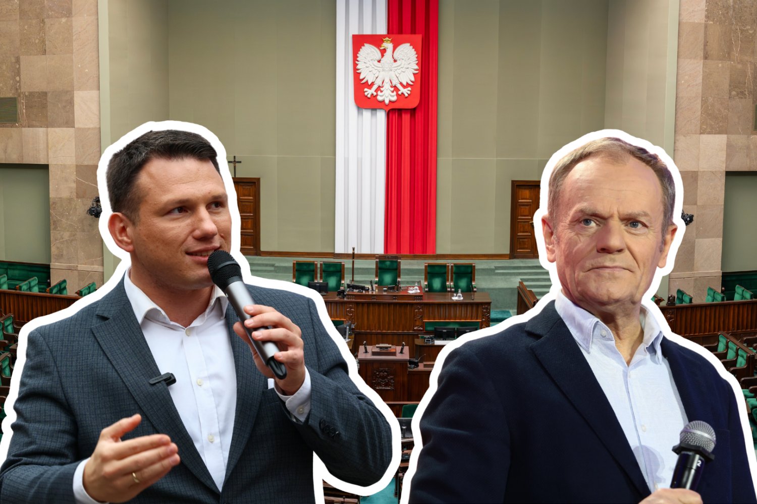 Sławomir Mentzen, Donald Tusk, w tle sala w Sejmie