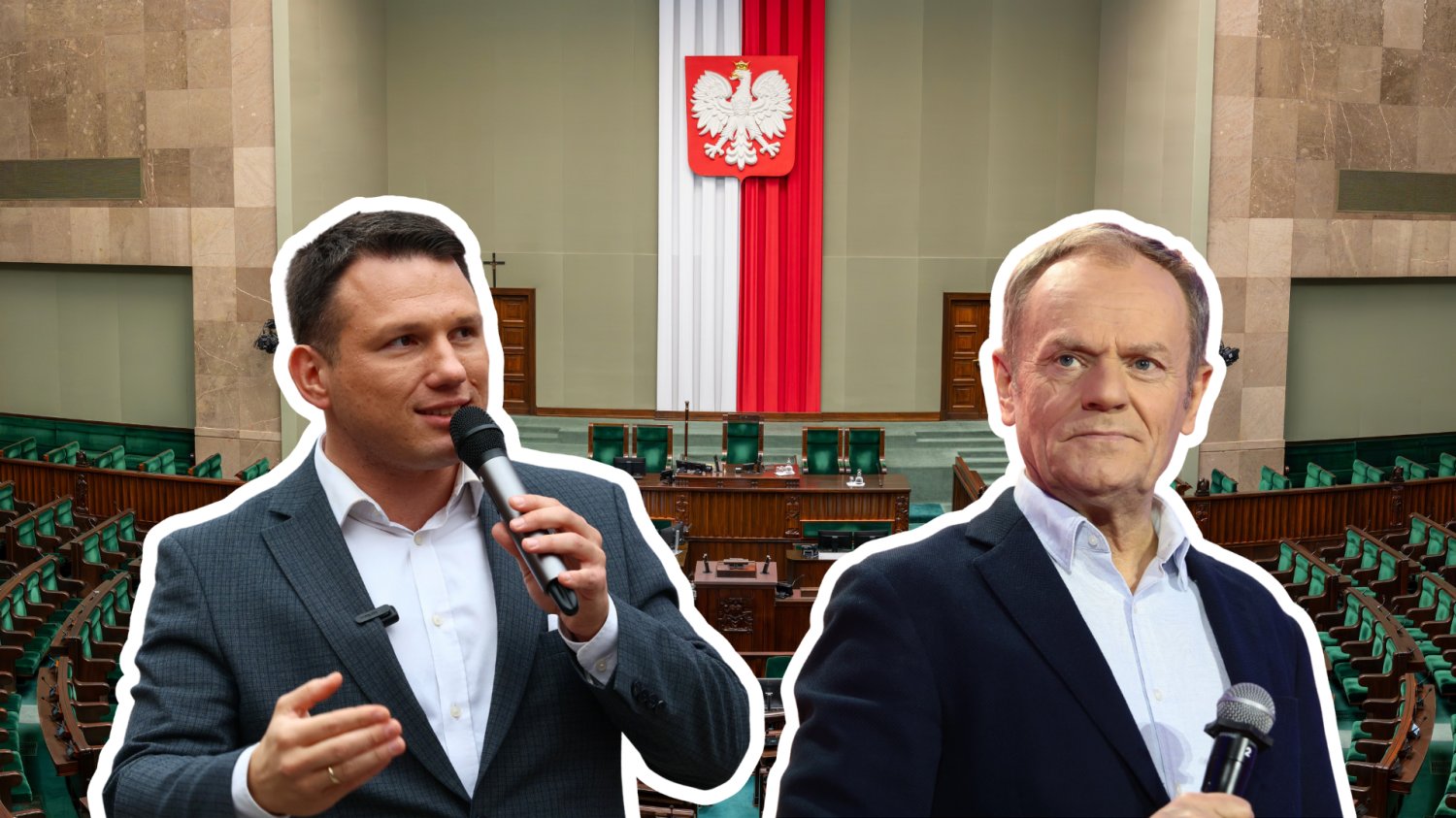 Nowy sondaż sygnałem alarmowym dla Tuska. KO wciąż wygrywa, ale to już za mało Sławomir Mentzen, Donald Tusk, w tle sala w Sejmie