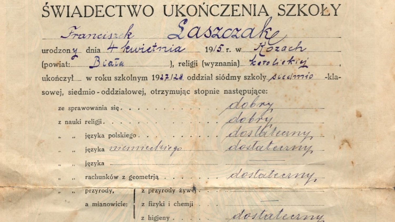 Świadectwo szkolne z 1928 r. Takie przedmioty mieli przed wojną Stare polskie świadectwo szkolne z 1928 roku na pożółkłym papierze, wypisane odręcznie piórem.