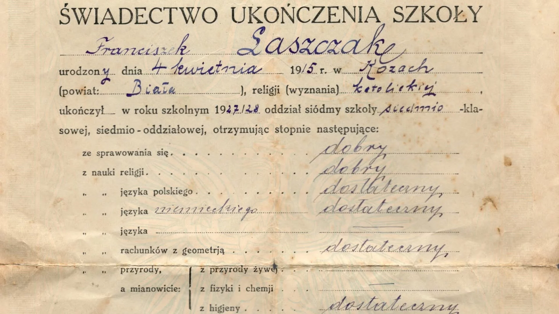 Świadectwo szkolne z 1928 r. Takie przedmioty mieli przed wojną Stare polskie świadectwo szkolne z 1928 roku na pożółkłym papierze, wypisane odręcznie piórem.