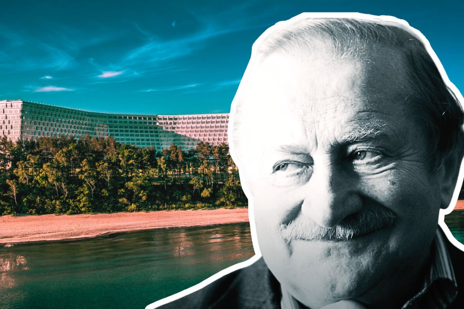 Tadeusz Gołębiewski na tle nowego hotelu Gołębiewski
