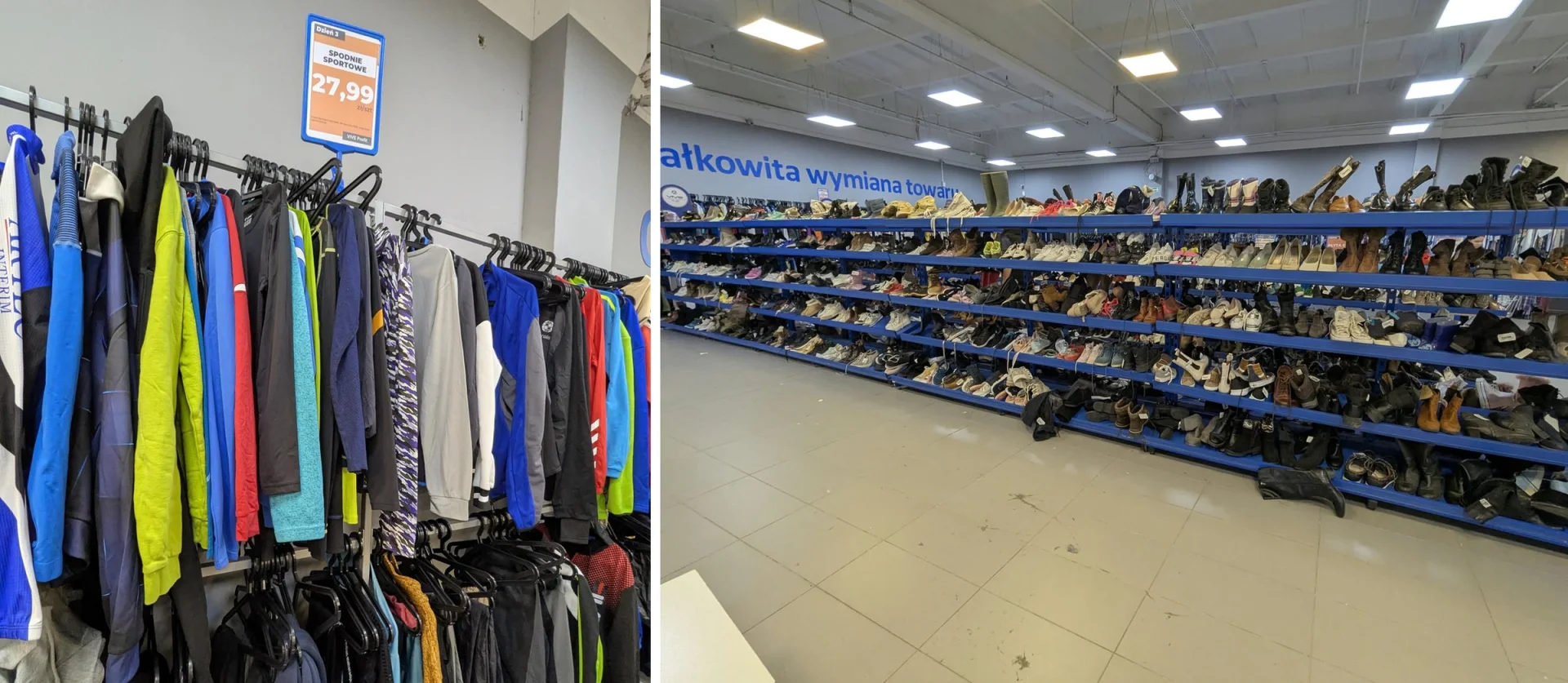Wieszaki z odzieżą sportową pod tabliczką “Dzień 3” z ceną 27,99 zł oraz regały z używanymi butami i napisem o całkowitej wymianie towaru w Vive Profit