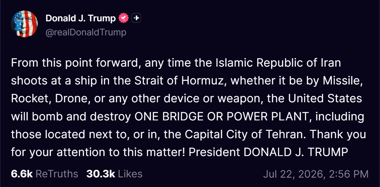 Trump ws. Iranu pomieszał starą maksymę. Nie oko za oko, a rakieta za elektrownię Wpis Donalda Trumpa na Truth Social