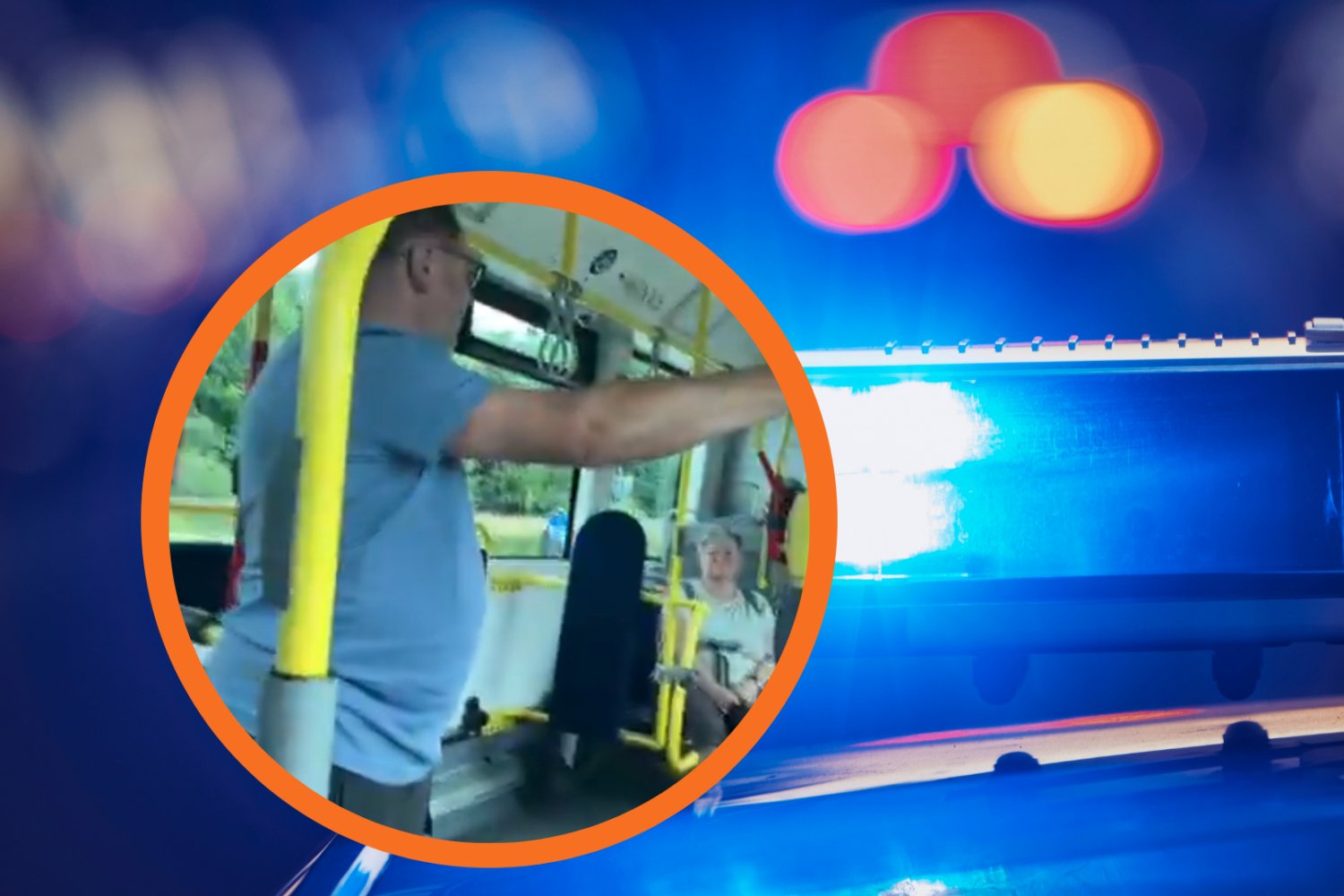 W ramce: mężczyzna zatrzymany przez policję, w tle: policyjna syrena