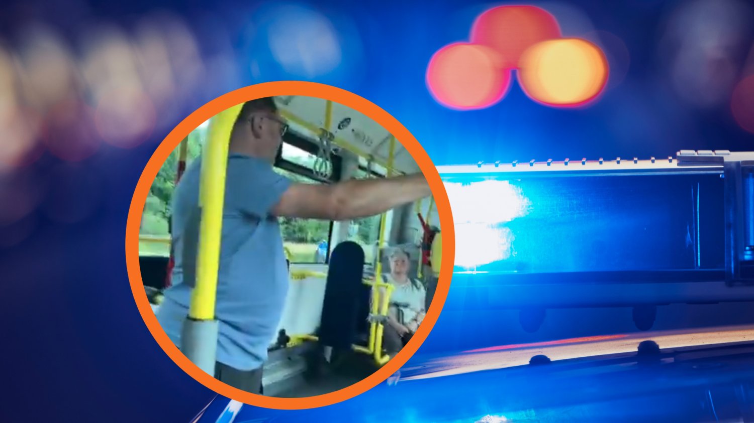 W ramce: mężczyzna zatrzymany przez policję, w tle: policyjna syrena